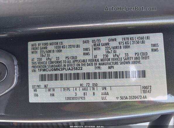 1FMCU0MN3PUA25822 2023 FORD ESCAPE Gray Vista del compartimento del motor