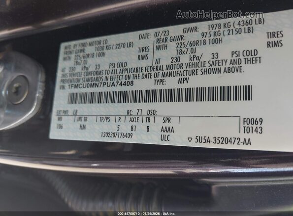 1FMCU0MN7PUA74408 2023 FORD ESCAPE Purple Vista del compartimento del motor