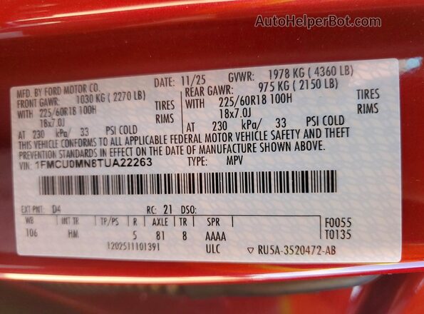 1FMCU0MN8TUA22263 2026 FORD ESCAPE Red სალონის 360-გრადუსიანი ხედი