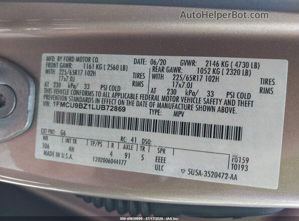 1FMCU9BZ1LUB72869 2020 FORD ESCAPE Gold ძრავის განყოფილების ხედი
