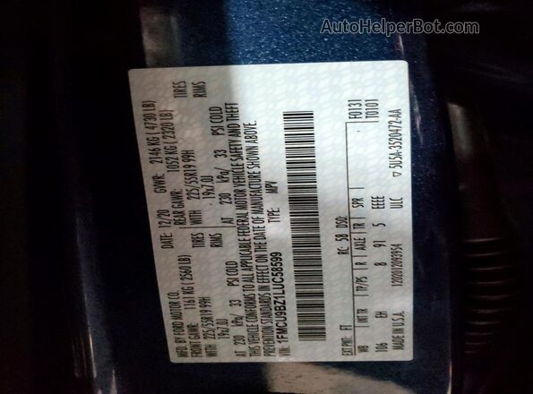 1FMCU9BZ1LUC58599 2020 FORD ESCAPE Blue VIN sticker view