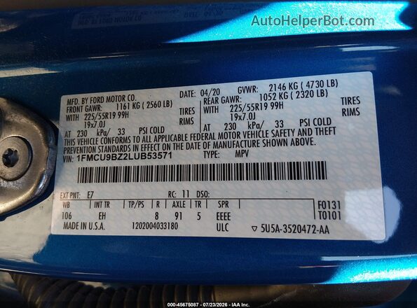 1FMCU9BZ2LUB53571 2020 FORD ESCAPE Blue Vista del compartimento del motor