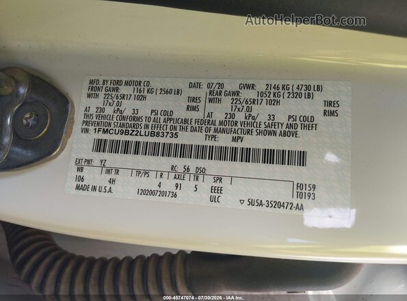 1FMCU9BZ2LUB83735 2020 FORD ESCAPE White Вид підкапотного простору