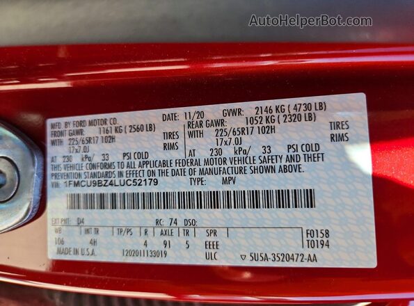1FMCU9BZ4LUC52179 2020 FORD ESCAPE Red 360 interior view