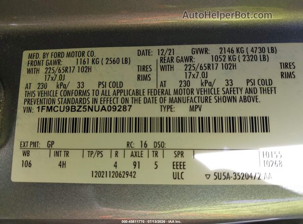 1FMCU9BZ5NUA09287 2022 FORD ESCAPE Серебряный Вид подкапотного пространства