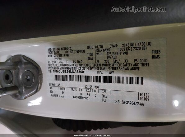 1FMCU9BZ6LUA63601 2020 FORD ESCAPE Белый Вид подкапотного пространства