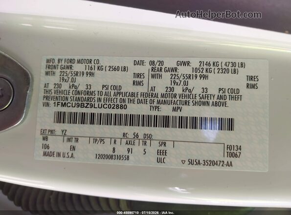 1FMCU9BZ9LUC02880 2020 FORD ESCAPE White ძრავის განყოფილების ხედი