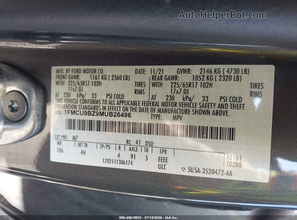 1FMCU9BZ9MUB26496 2021 FORD ESCAPE Gray Vista del compartimento del motor