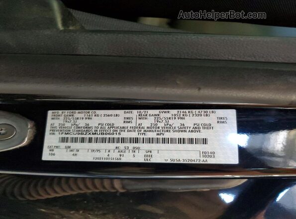 1FMCU9BZXMUB06015 2021 FORD ESCAPE Black Widok naklejki z numerem VIN
