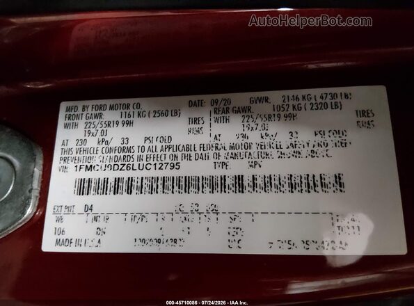 1FMCU9DZ6LUC12795 2020 FORD ESCAPE Red 