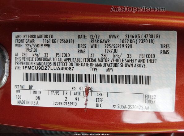 1FMCU9DZ7LUA49087 2020 FORD ESCAPE Orange Vista del compartimento del motor