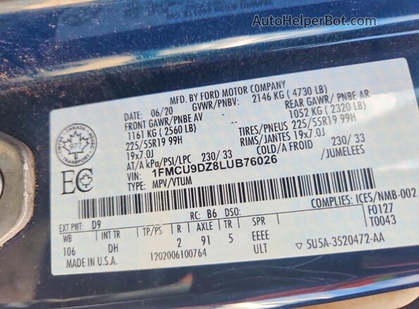 1FMCU9DZ8LUB76026 2020 FORD ESCAPE Teal VIN sticker view