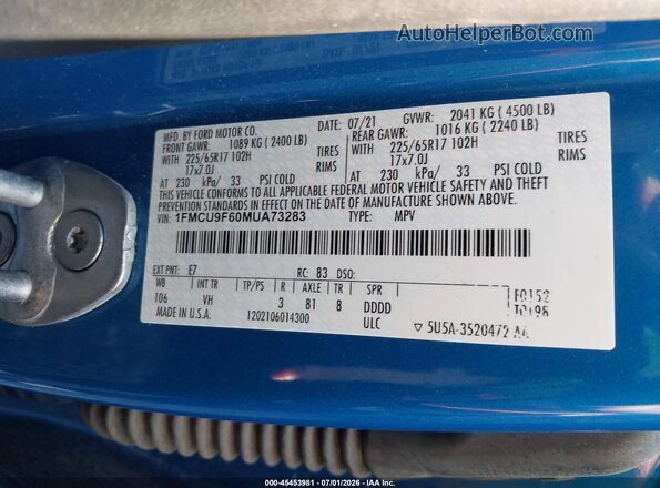 1FMCU9F60MUA73283 2021 FORD ESCAPE Синий Вид подкапотного пространства