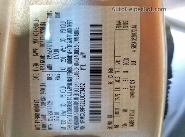 1FMCU9F62LUC73452 2020 FORD ESCAPE Silver VIN կոդի պիտակի տեսք