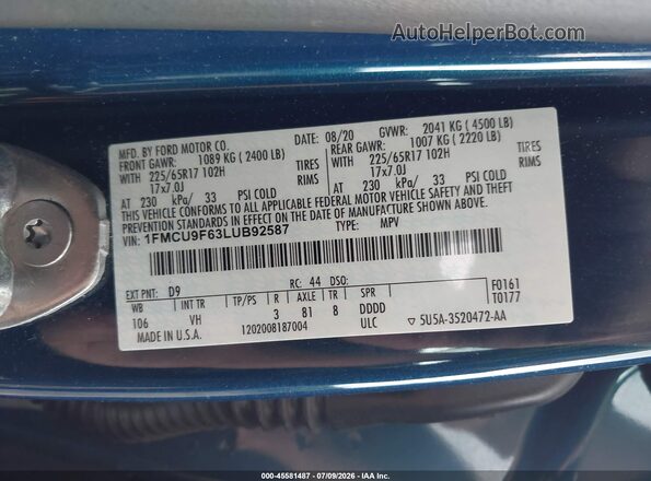 1FMCU9F63LUB92587 2020 FORD ESCAPE Blue ძრავის განყოფილების ხედი