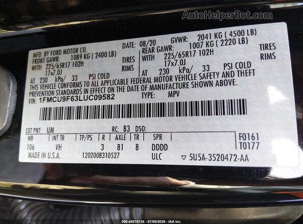 1FMCU9F63LUC09582 2020 FORD ESCAPE Black Engine compartment view
