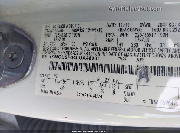 1FMCU9F64LUA48031 2020 FORD ESCAPE White Engine compartment view