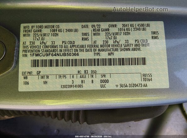 1FMCU9F64NUB50366 2022 FORD ESCAPE Light Blue Vista del compartimento del motor
