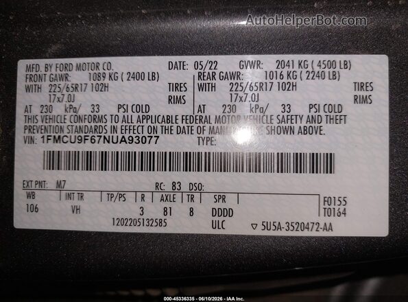 1FMCU9F67NUA93077 2022 FORD ESCAPE Gray Vista del compartimento del motor