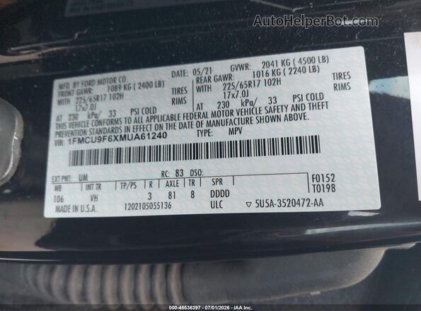 1FMCU9F6XMUA61240 2021 FORD ESCAPE  Вид подкапотного пространства