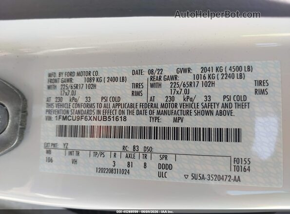 1FMCU9F6XNUB51618 2022 FORD ESCAPE White Շարժիչի բաժամունքի տեսք