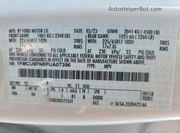 1FMCU9FN8PUA07396 2023 FORD ESCAPE White Vista interior de 360 grados