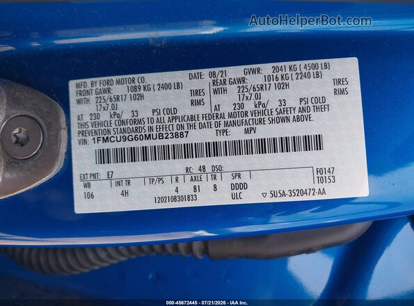 1FMCU9G60MUB23887 2021 FORD ESCAPE Blue Vista del compartimento del motor