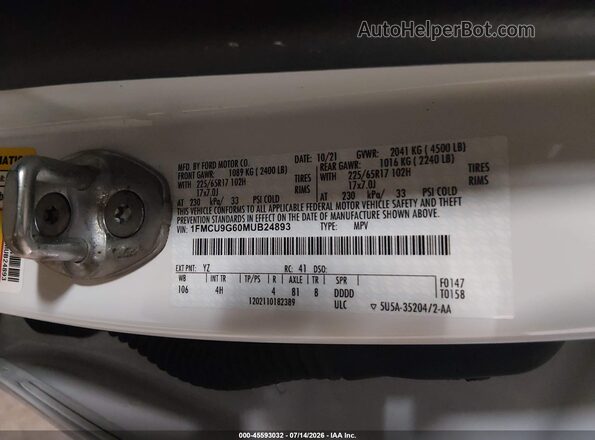 1FMCU9G60MUB24893 2021 FORD ESCAPE White Widok komory silnika