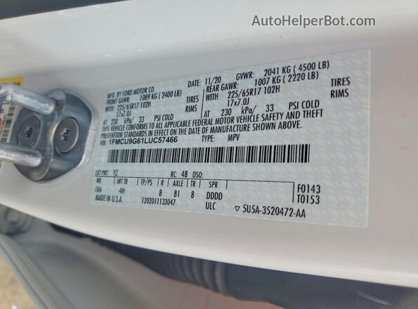 1FMCU9G61LUC57466 2020 FORD ESCAPE White Vista de la etiqueta del VIN