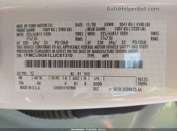 1FMCU9G61LUC61310 2020 FORD ESCAPE White Widok komory silnika