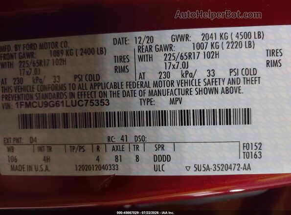 1FMCU9G61LUC75353 2020 FORD ESCAPE Red Widok komory silnika