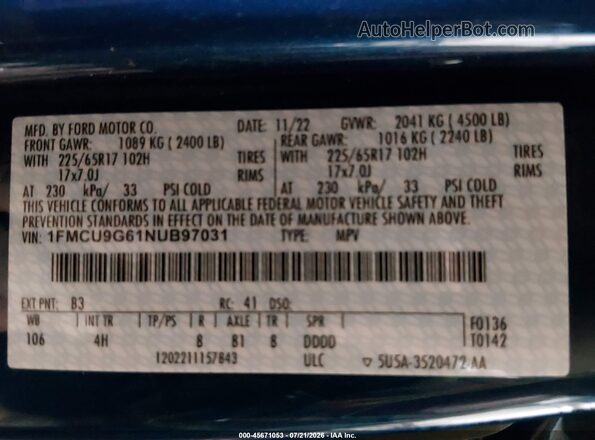 1FMCU9G61NUB97031 2022 FORD ESCAPE Blue Widok komory silnika
