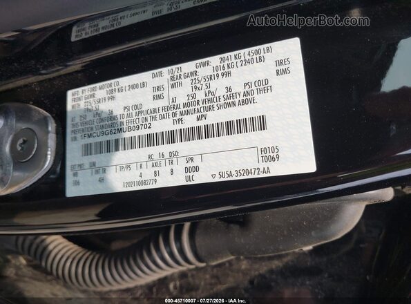 1FMCU9G62MUB09702 2021 FORD ESCAPE Black Widok komory silnika