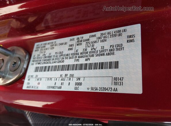 1FMCU9G63LUA12930 2020 FORD ESCAPE Red Շարժիչի բաժամունքի տեսք