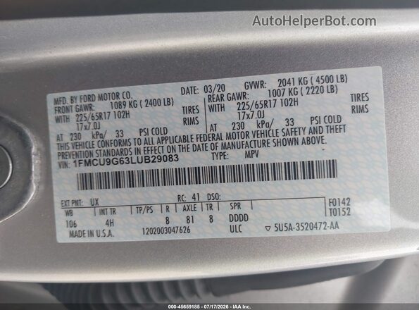 1FMCU9G63LUB29083 2020 FORD ESCAPE Silver Vista del compartimento del motor