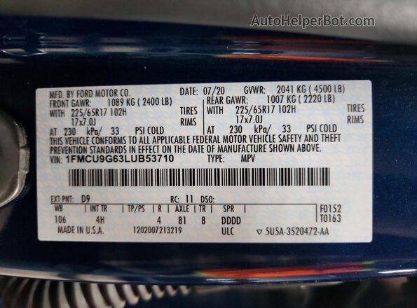 1FMCU9G63LUB53710 2020 FORD ESCAPE Blue Vista de la etiqueta del VIN