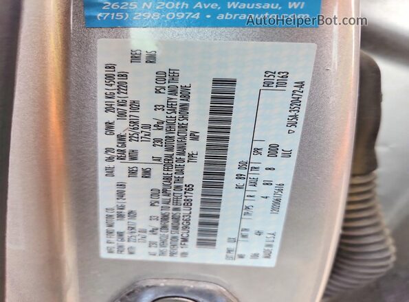 1FMCU9G63LUB81765 2020 FORD ESCAPE Silver Vista de la etiqueta del VIN