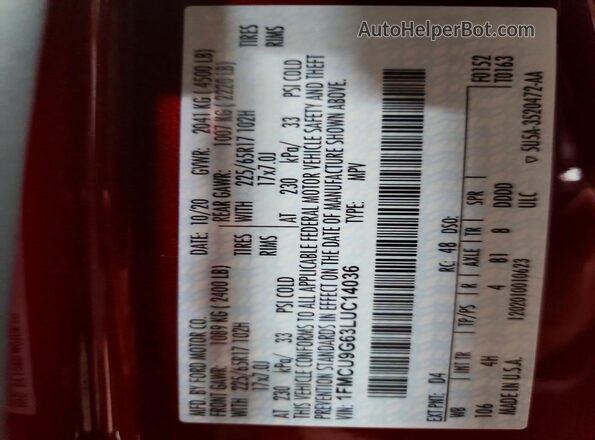 1FMCU9G63LUC14036 2020 FORD ESCAPE Red Սալոնի 360 աստիճան տեսք