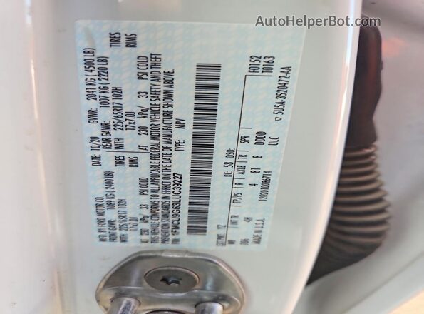 1FMCU9G63LUC39227 2020 FORD ESCAPE White VIN კოდის სტიკერის ხედი
