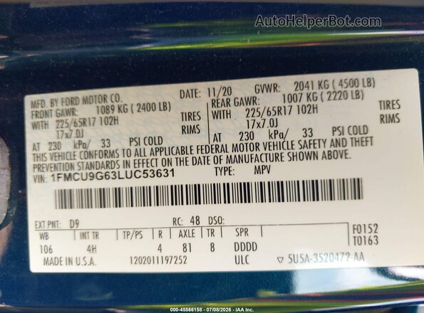 1FMCU9G63LUC53631 2020 FORD ESCAPE Blue ძრავის განყოფილების ხედი