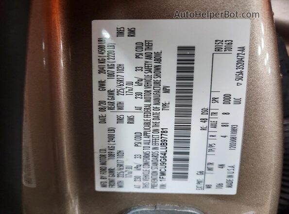 1FMCU9G64LUB97781 2020 FORD ESCAPE Tan Widok wnętrza 360 stopni
