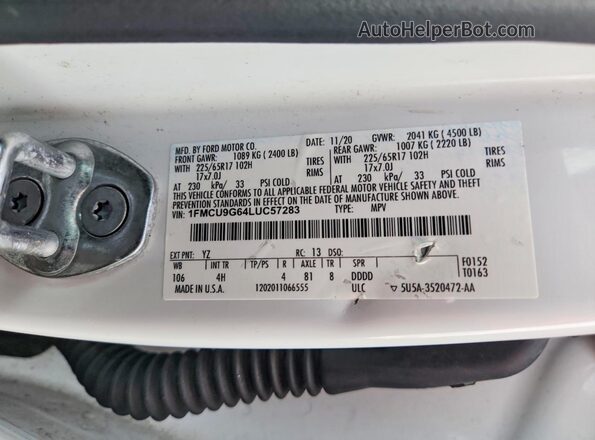 1FMCU9G64LUC57283 2020 FORD ESCAPE White Вид наклейки з VIN-кодом