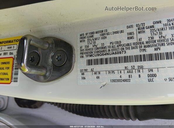1FMCU9G64NUA60973 2022 FORD ESCAPE White Vista del compartimento del motor