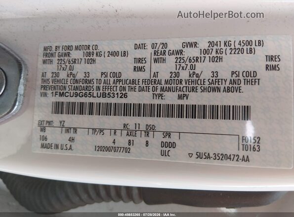 1FMCU9G65LUB53126 2020 FORD ESCAPE White Вид підкапотного простору