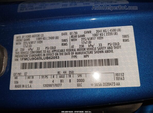 1FMCU9G65LUB62053 2020 FORD ESCAPE Синий Вид подкапотного пространства