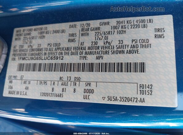 1FMCU9G65LUC65912 2020 FORD ESCAPE Blue ძრავის განყოფილების ხედი