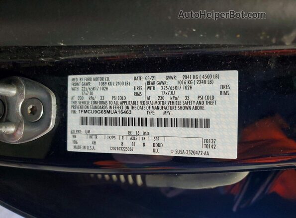 1FMCU9G65MUA16463 2021 FORD ESCAPE Black VIN კოდის სტიკერის ხედი