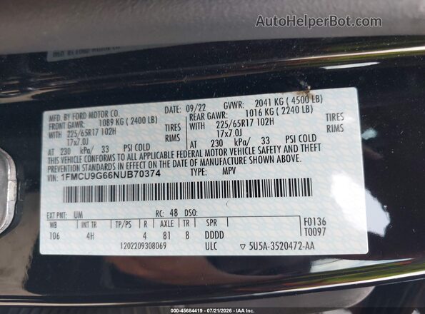 1FMCU9G66NUB70374 2022 FORD ESCAPE Black Widok komory silnika