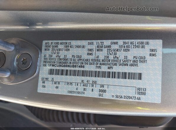 1FMCU9G66NUB81486 2022 FORD ESCAPE Серебряный Вид подкапотного пространства