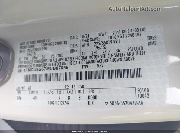 1FMCU9G67MUB07055 2021 FORD ESCAPE White Vista del compartimento del motor